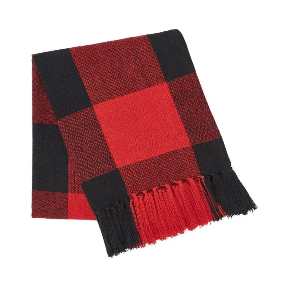 Buffalo Plaid Christmas Fringed Throw Blanket Red Black Farmhouse Lodge Rustic